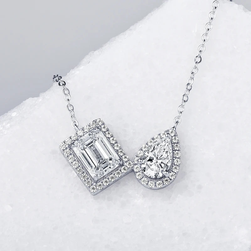 3cttw Moissanite Pendant Necklace, 2ct Emerald Cut & Pear Cut D Color Stones, S925 Sterling Silver Adjustable Chain – Melisande