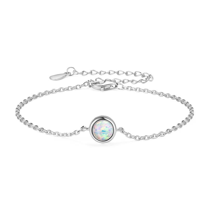 Bezel 6mm White Opal Solitaire Bracelet, Adjustable 925 Sterling Silver Chain  – Melisande