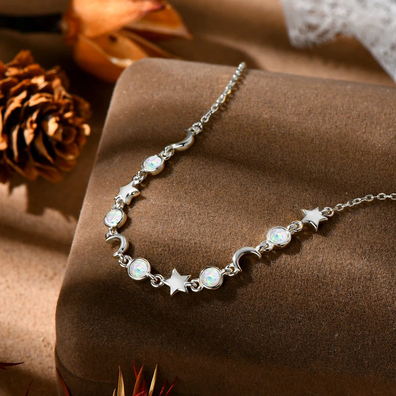 Opal Moon & Star Bracelet, S925 Sterling Silver Chain, Celestial Design Women’s Fine Jewelry – Melisande