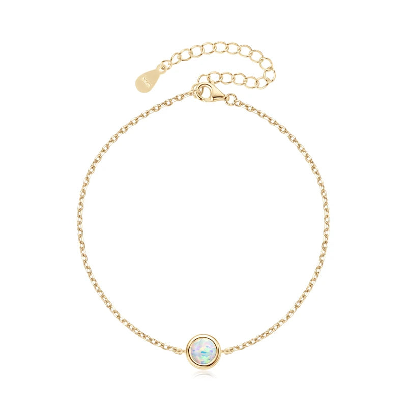 Bezel 6mm White Opal Solitaire Bracelet, Adjustable 925 Sterling Silver Chain  – Melisande