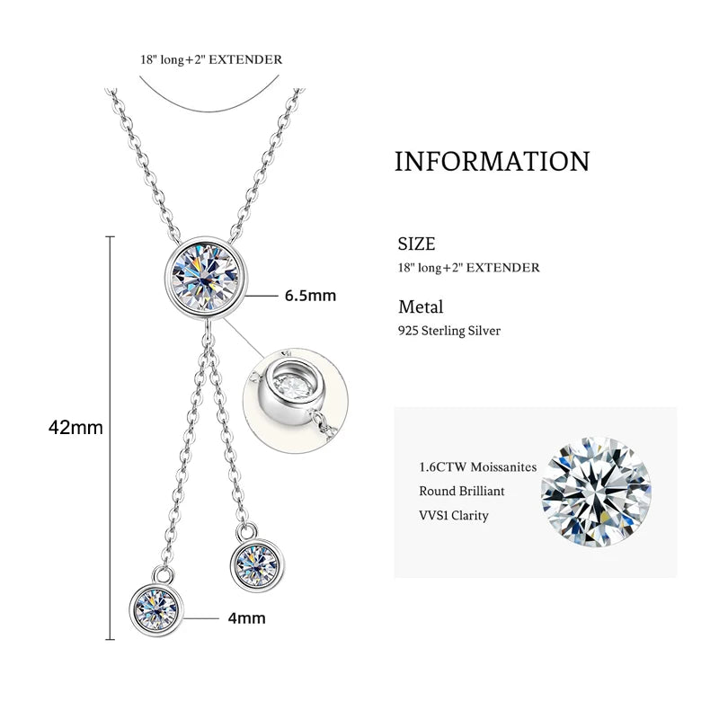 1.6cttw 6.5mm Moissanite Pendant Necklace, Bubble Crown Clover Tassel Y-Shaped Design, 925 Sterling Silver Adjustable Chain – Melisande