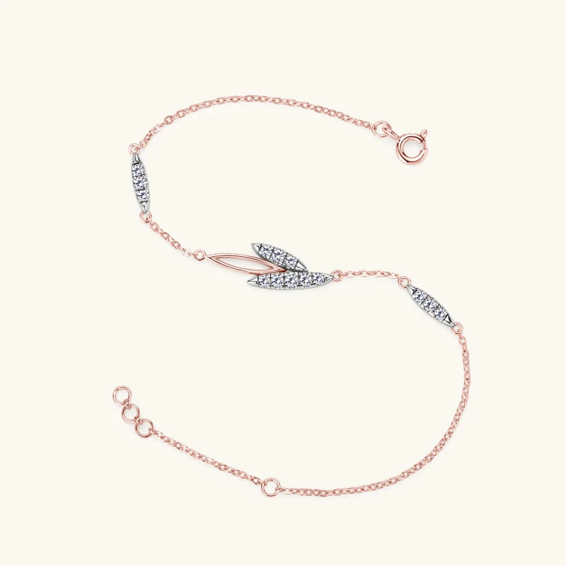 18K Rose Gold Plated Delicate Leaf Bracelet, 2mm D Color Moissanite Stones, 925 Sterling Silver Chain – Women’s Fine Jewelry – Melisande