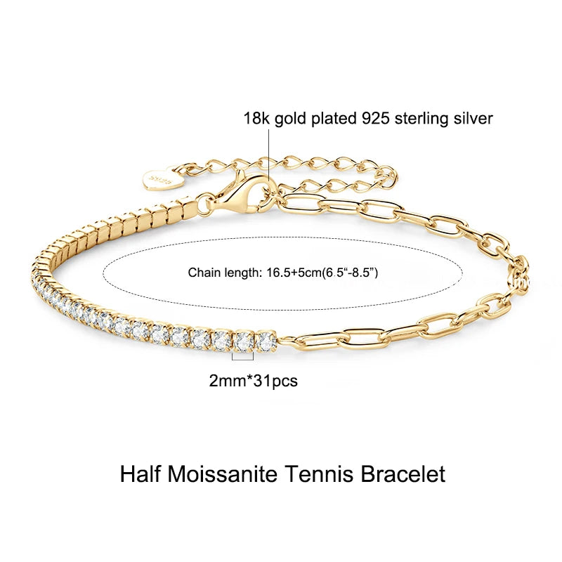 Moissanite Tennis Bracelet, 925 Sterling Silver, 14K Gold Plated, 3mm & 5mm D VVS1 Round Stones – Women’s Fine Jewelry – Melisande