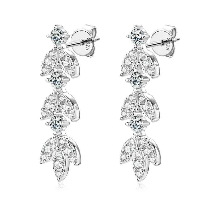 Moissanite Leaf Chandelier Earrings – 925 Sterling Silver Long Drop Dangle Studs Korean Jewelry | Melisande