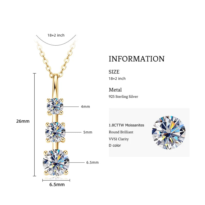 0.60cttw 3-Stone D Color Moissanite Pendant Necklace, 4mm / 3.5mm / 3mm Stones, 18K Gold Plated 925 Sterling Silver Adjustable Chain – Melisande