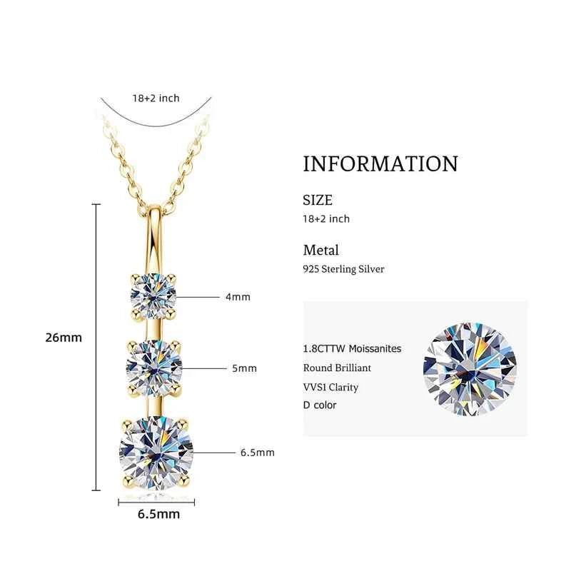 1.8cttw D Color Moissanite Three-Stone Pendant Necklace, 925 Sterling Silver Adjustable Chain – Melisande