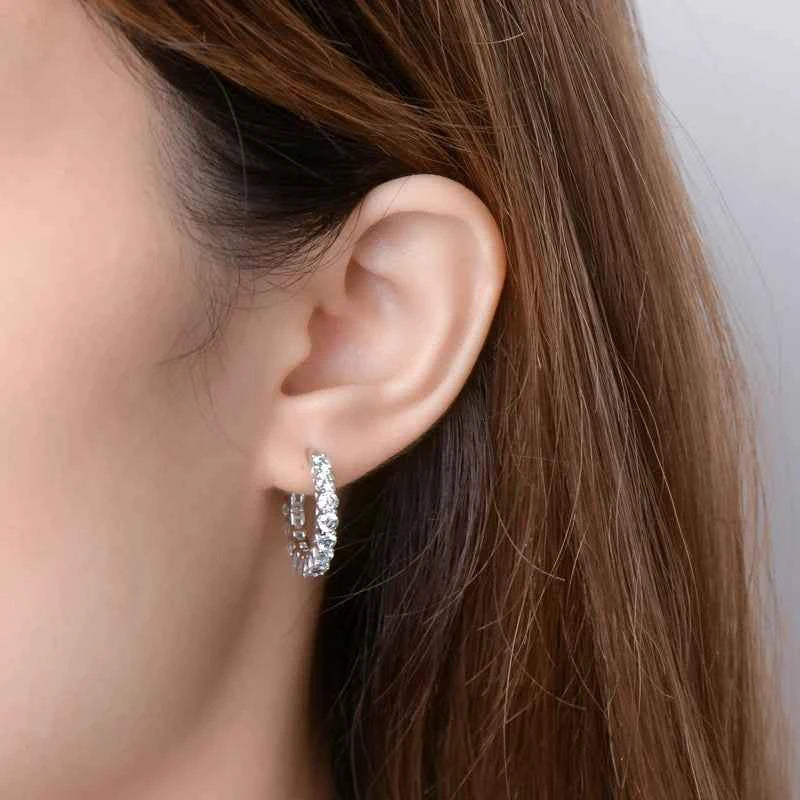 Full Moissanite Hoop Earrings, 3mm / 4mm Stones, Solid 925 Sterling Silver – Melisande