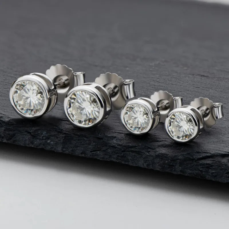 Moissanite Bezel Stud Earrings – 925 Sterling Silver 5mm & 6.5mm Round Solitaire Unisex Jewelry | Melisande
