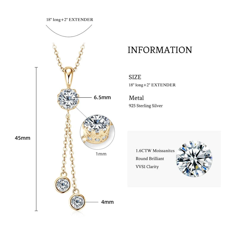 1.6cttw 6.5mm Moissanite Pendant Necklace, Bubble Crown Clover Tassel Y-Shaped Design, 925 Sterling Silver Adjustable Chain – Melisande