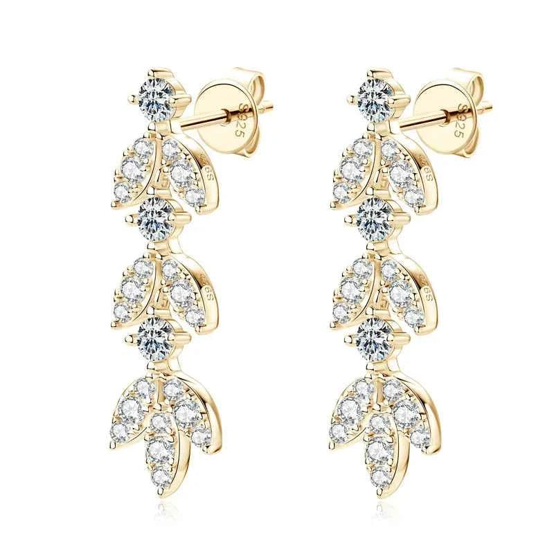 Moissanite Leaf Chandelier Earrings – 925 Sterling Silver Long Drop Dangle Studs Korean Jewelry | Melisande