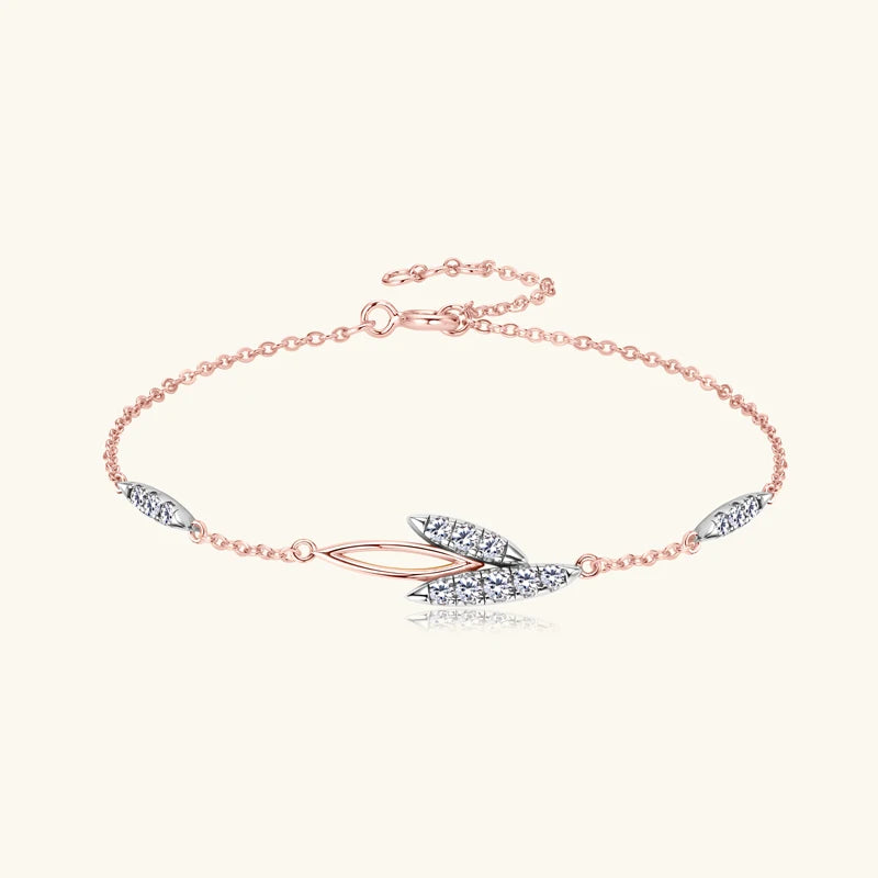 18K Rose Gold Plated Delicate Leaf Bracelet, 2mm D Color Moissanite Stones, 925 Sterling Silver Chain – Women’s Fine Jewelry – Melisande