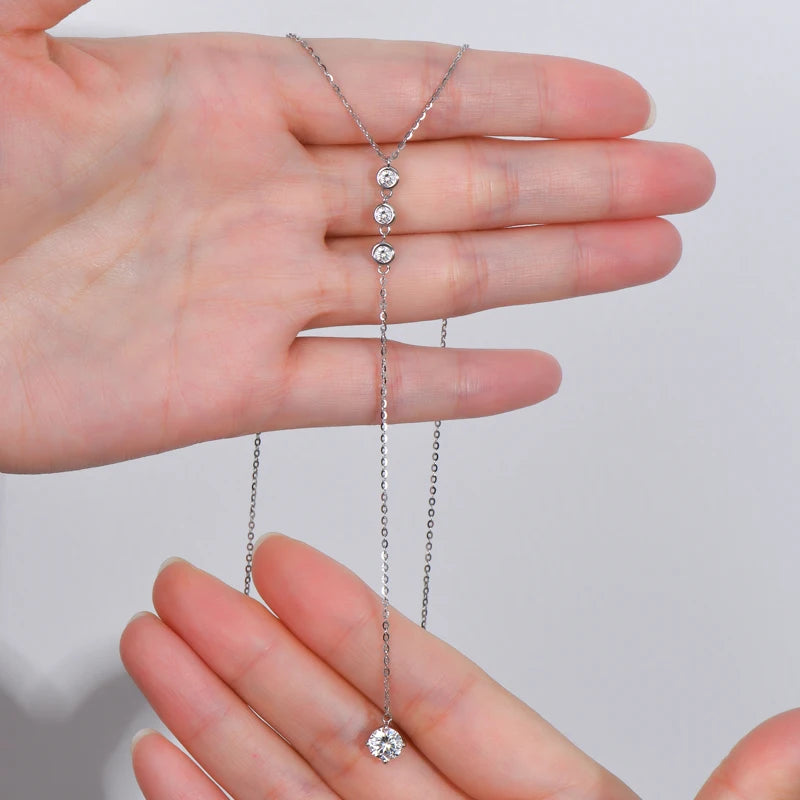 D1.30ct D Color Moissanite Y-Shaped Pendant Necklace, 6.5mm & 3mm Lab Stones, 925 Sterling Silver Long Adjustable Chain – Melisande