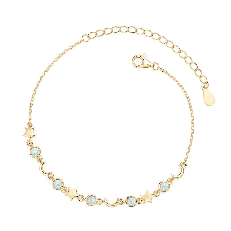 Opal Moon & Star Bracelet, S925 Sterling Silver Chain, Celestial Design Women’s Fine Jewelry – Melisande
