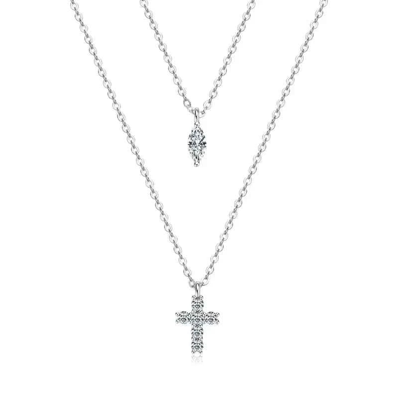 Moissanite Cross Pendant Double Layer Necklace, 925 Sterling Silver Faith & Religion Charm – Melisande