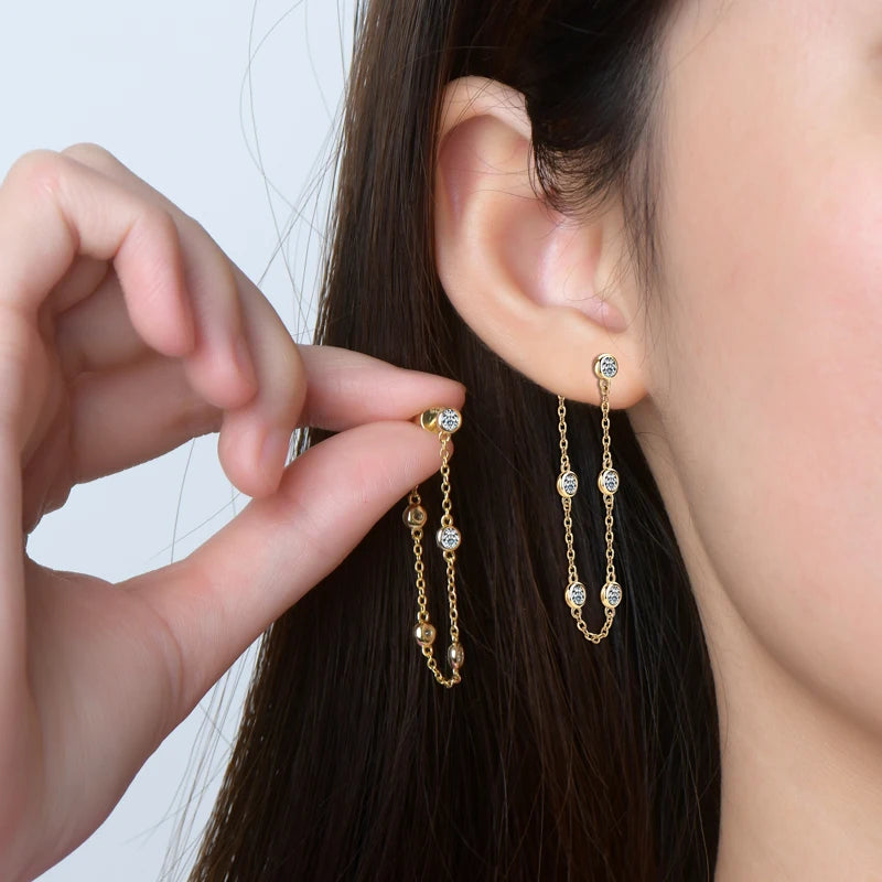 Moissanite Tassel Drop Earrings – 925 Sterling Silver Long Chain Station Piercing Wedding Jewelry | Melisande