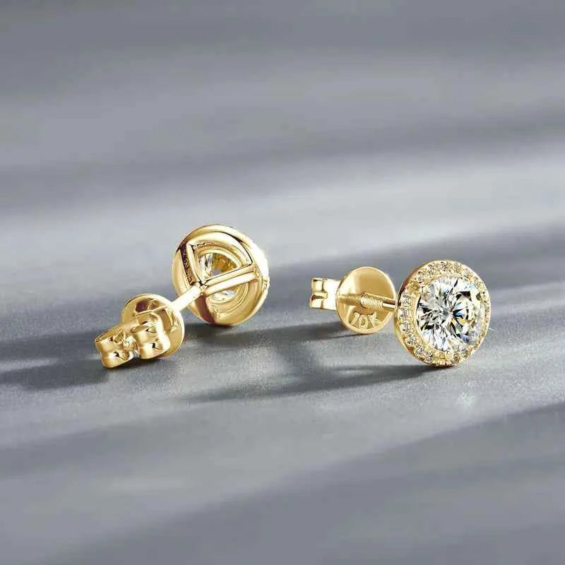 5mm 0.5ct Moissanite Halo Stud Earrings, Real 10K Solid Gold Screw Back Piercing Design – Melisande