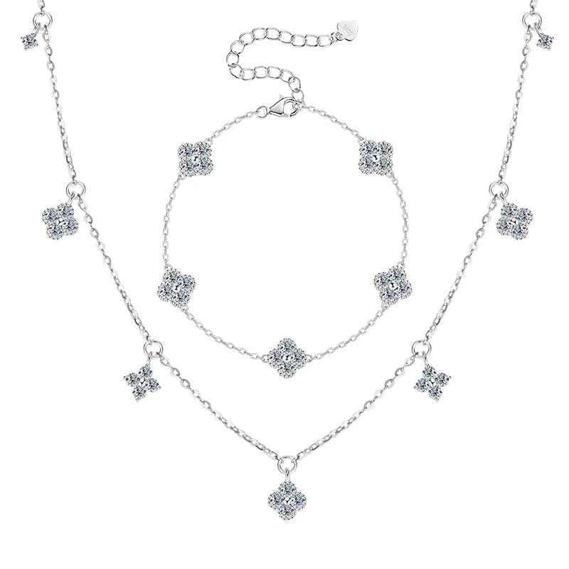 3mm D Color Moissanite Clover Jewelry Set, 925 Sterling Silver Necklace, Earrings & Bracelet (3-in-1 Set) – Melisande