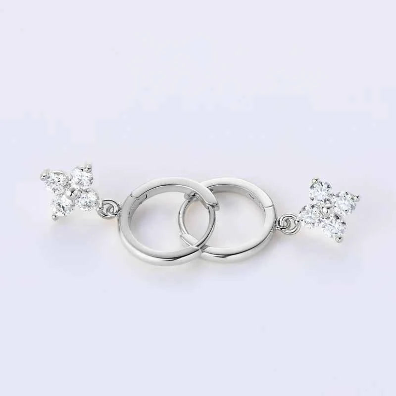 925 Sterling Silver Four-Leaf Clover Drop Hoop Earrings, 3mm D Color Moissanite Stones – Melisande