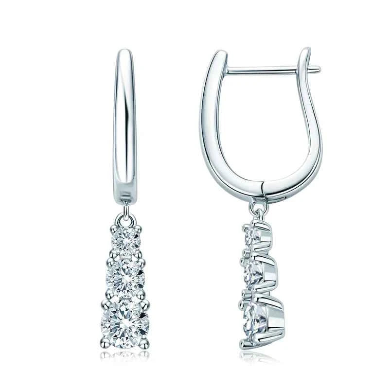 Three-Stone Trilogy Clip Earrings, 1.8cttw Moissanite Pendant Design, 925 Sterling Silver – Melisande