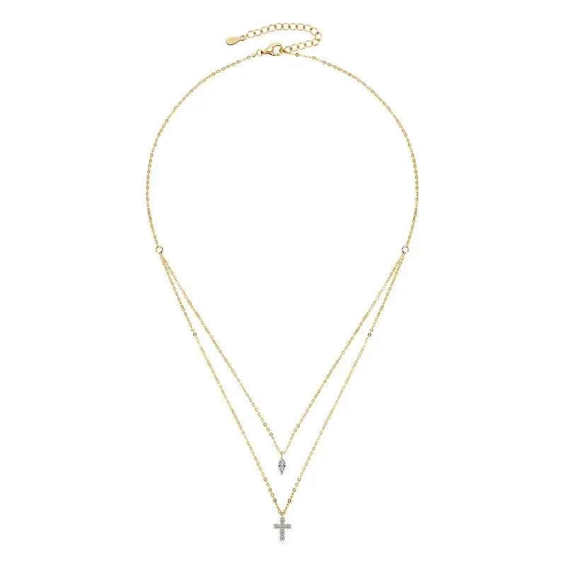Moissanite Cross Pendant Double Layer Necklace, 925 Sterling Silver Faith & Religion Charm – Melisande