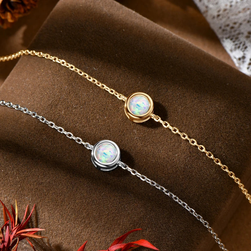 Bezel 6mm White Opal Solitaire Bracelet, Adjustable 925 Sterling Silver Chain  – Melisande