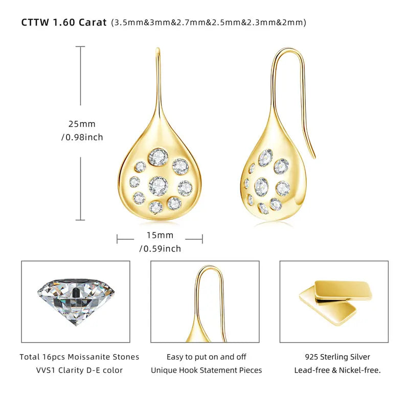 Shimmering Teardrop Moissanite Earrings – 925 Sterling Silver 1.6cttw Dangle Hooks for Women | Melisande
