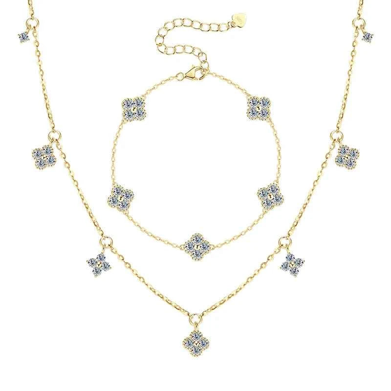 3mm D Color Moissanite Clover Jewelry Set, 925 Sterling Silver Necklace, Earrings & Bracelet (3-in-1 Set) – Melisande