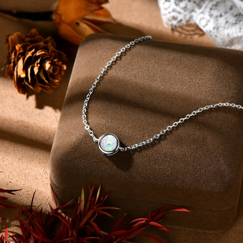 Bezel 6mm White Opal Solitaire Bracelet, Adjustable 925 Sterling Silver Chain  – Melisande