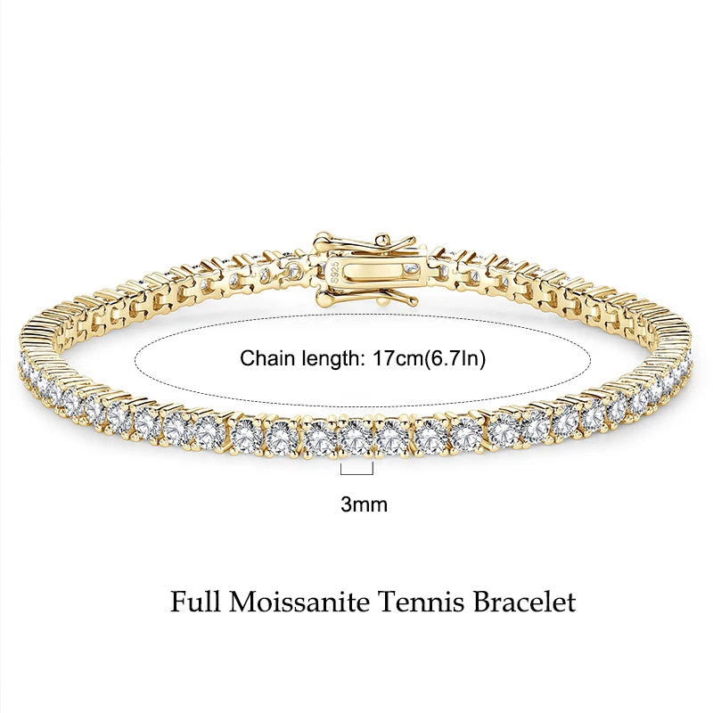 Moissanite Tennis Bracelet, 925 Sterling Silver, 14K Gold Plated, 3mm & 5mm D VVS1 Round Stones – Women’s Fine Jewelry – Melisande