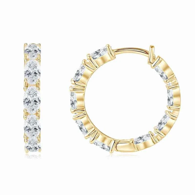 Emerald Cut Gemstone Drop Hoop Earrings, 14K Gold Plated 925 Sterling Silver, Green Marquise & Round CZ Stones – Melisande