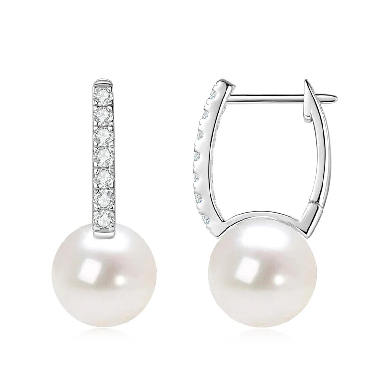 Moissanite & Pearl Hoop Earrings – 925 Sterling Silver 10mm Hoops with 1.8mm Stones Women’s Jewelry Gift | Melisande