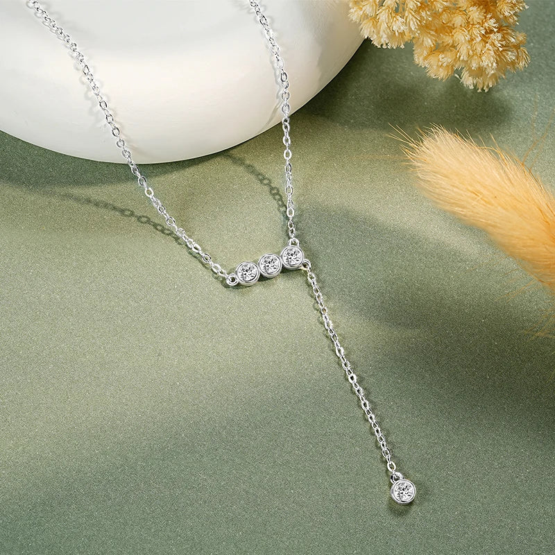 925 Sterling Silver Y Lariat Moissanite Necklace – 3mm Bezel Round Pendant 2024 Jewelry for Women | Melisande