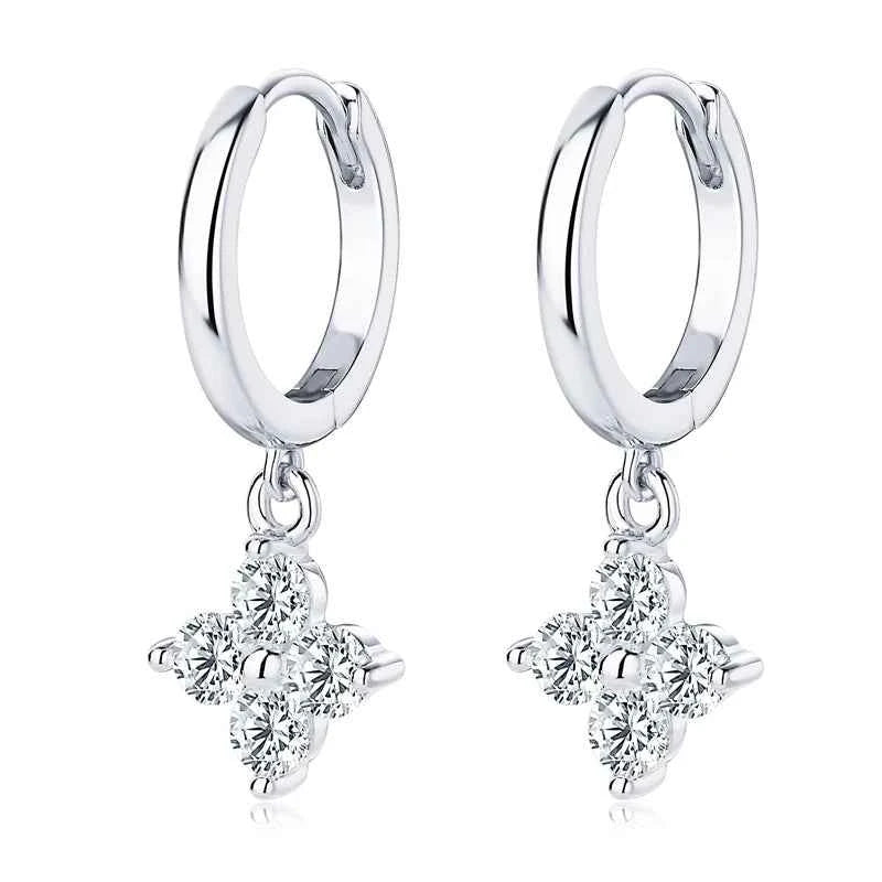 925 Sterling Silver Four-Leaf Clover Drop Hoop Earrings, 3mm D Color Moissanite Stones – Melisande