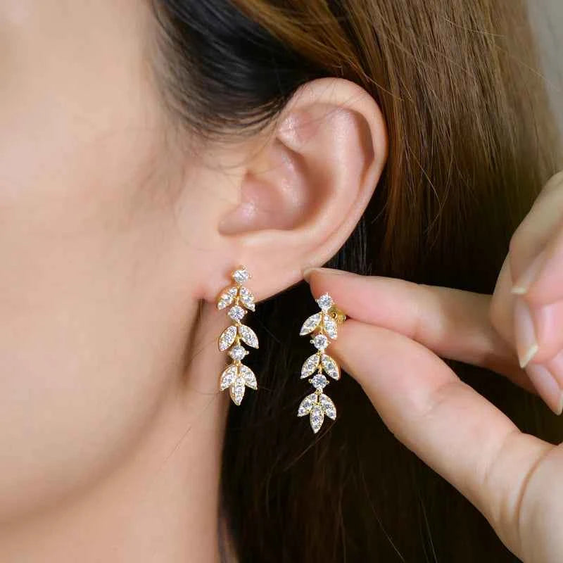 Moissanite Leaf Chandelier Earrings – 925 Sterling Silver Long Drop Dangle Studs Korean Jewelry | Melisande