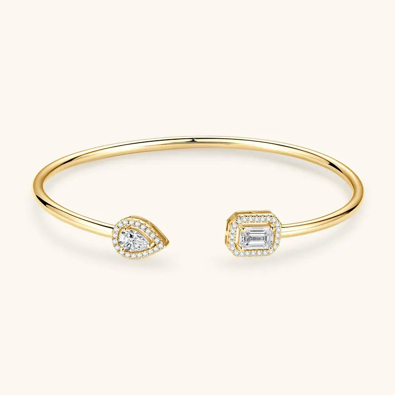 1.3cttw Pear & Emerald Cut Moissanite Bracelet – 925 Sterling Silver Twin Open Bangle Cuff for Women | Melisande