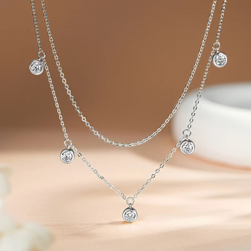 Elegant Double-Layer Pendant Necklace – 925 Sterling Silver 4mm Bezel Moissanite Wedding Jewelry | Melisande