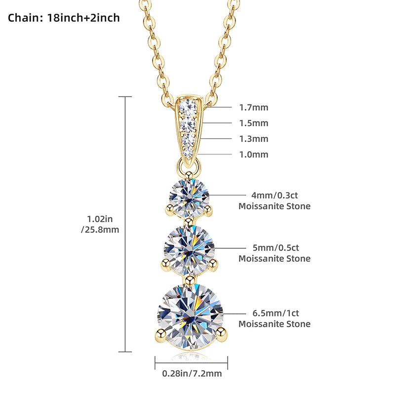 0.60cttw 3-Stone D Color Moissanite Pendant Necklace, 4mm / 3.5mm / 3mm Stones, 18K Gold Plated 925 Sterling Silver Adjustable Chain – Melisande