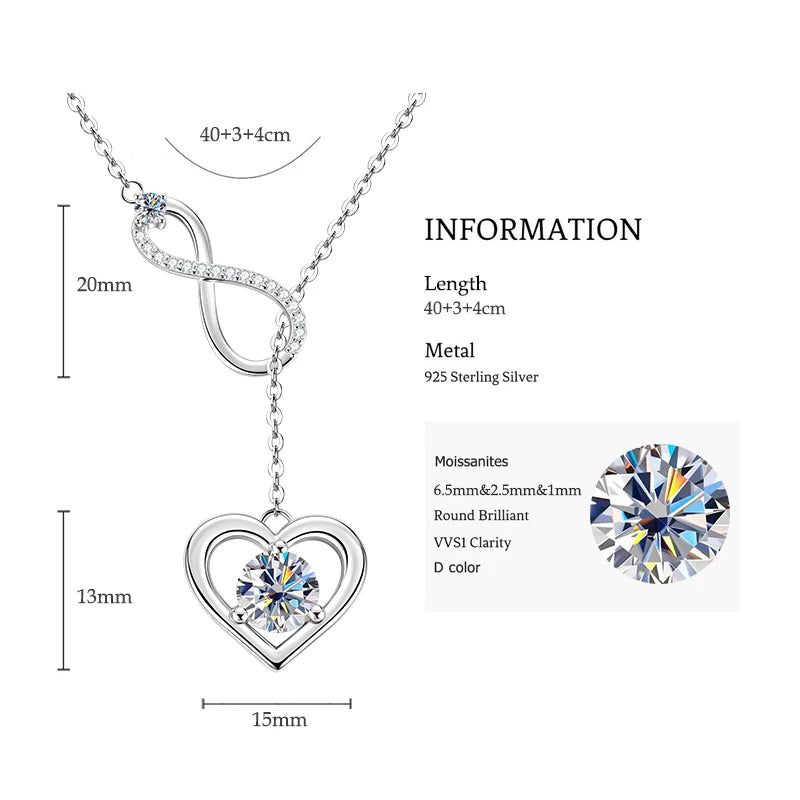 Double Love Heart Moissanite Pendant Necklace, 6.5mm 1.0ct D Color Stone, S925 Sterling Silver Adjustable Chain – Melisande