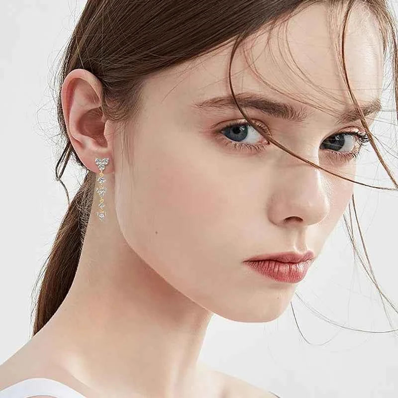 925 Sterling Silver Long Drop Earrings, 4mm D Color Moissanite Piercing Studs – Melisande