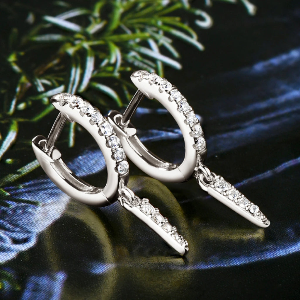 925 Sterling Silver Hoop Huggie Earrings – Triangular Moissanite Drop Design | Melisande