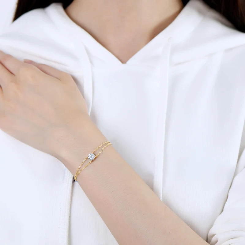 925 Silver Double Chain Moissanite Bracelet, 6.5mm 1.0ct D Color Stone, With GRA Certificate – Women’s Fine Jewelry – Melisande