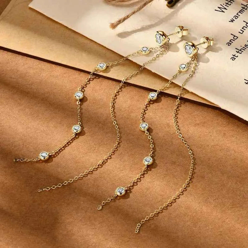 925 Sterling Silver Long Tassel Moissanite Drop Earrings, 5mm & 3mm Stones, Double Chain 10–11.5cm Design – Melisande