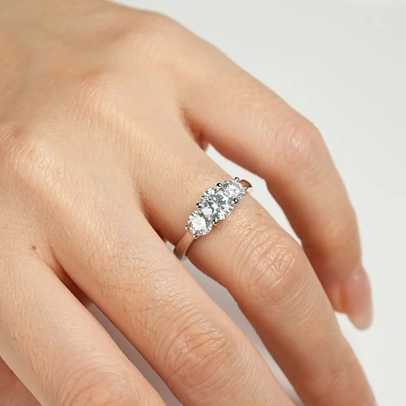 Moissanite Three-Stone Ring – 925 Sterling Silver 2.0cttw D Color 6.5mm Certified Women’s Wedding Band | Melisande